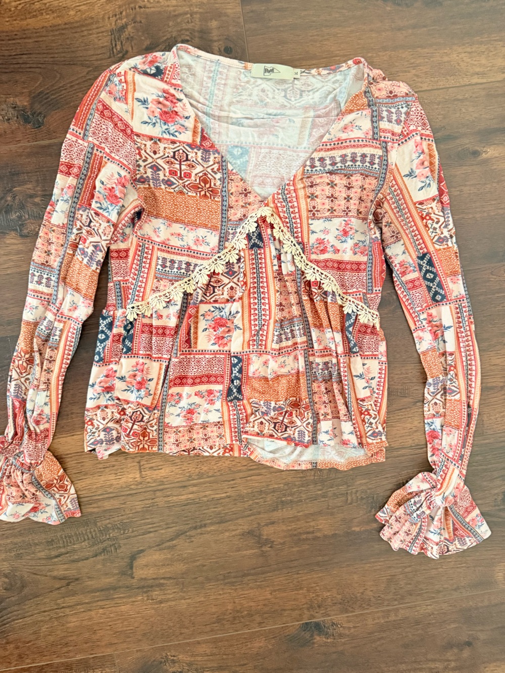 Boho Patchwork Floral Lace-Trim Women’s Top